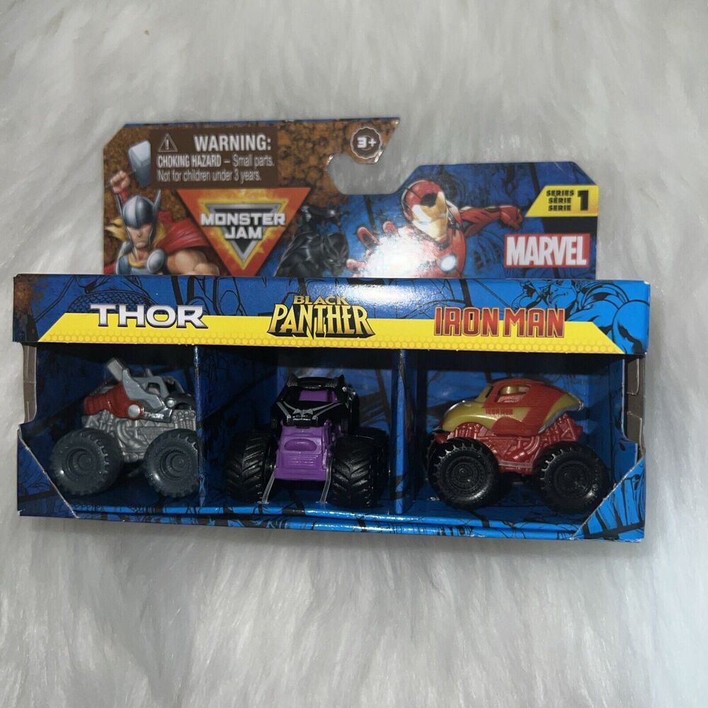 New Monster Jam MINI Trucks 3 pack  Series 1 MARVEL  2024 Thor Iron Man Panther